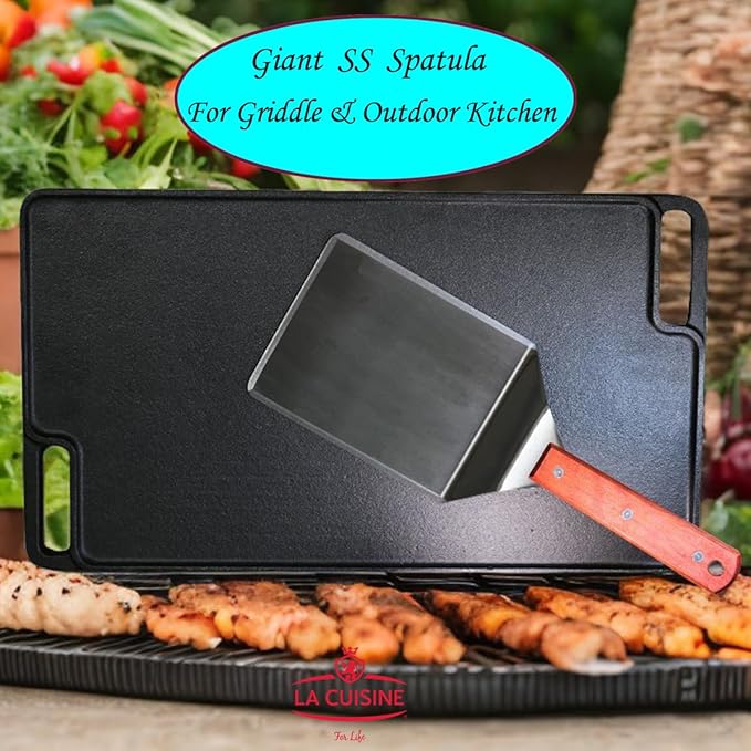 La Cuisine Extra-Wide Spatula Stainless Steel with Wooden Handle for BBQ Flat Top Griddle Blackstone Grill Pancake Smash Burger Tool Hamburger Turner, Heavy-duty 5x6” Stainless Steel, 1 Pound Weight
