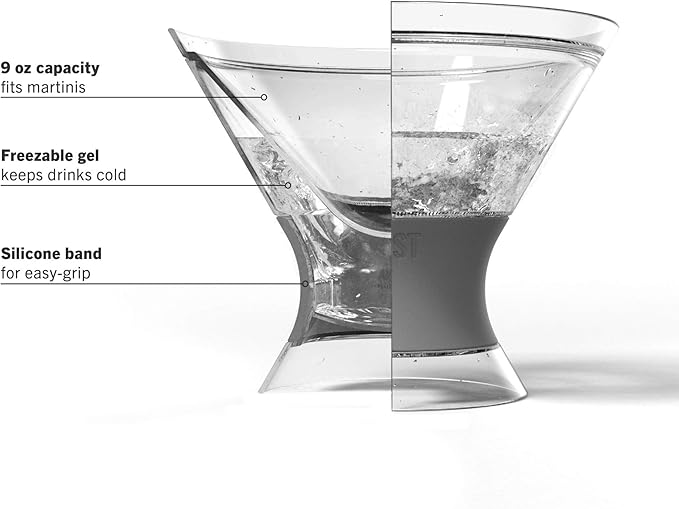 Host Freeze Insulated Martini Cooling Cups, Plastic Freezer Gel Chiller Double Wall Stemless Cocktail Glass Set of 2, 9 oz, Grey