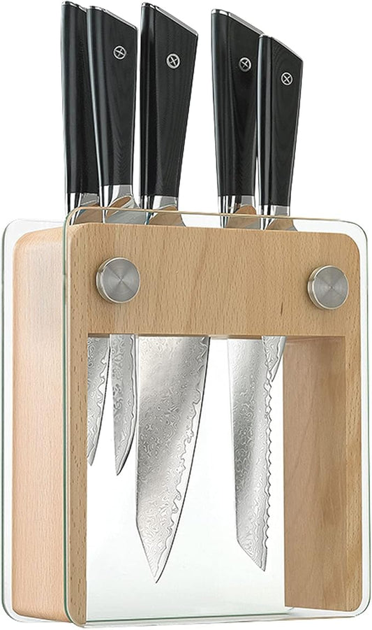 Mercer Culinary Premium Grade Super Steel 6-Piece Knife Set with Glass/Wood Block Stand, G10 Handles