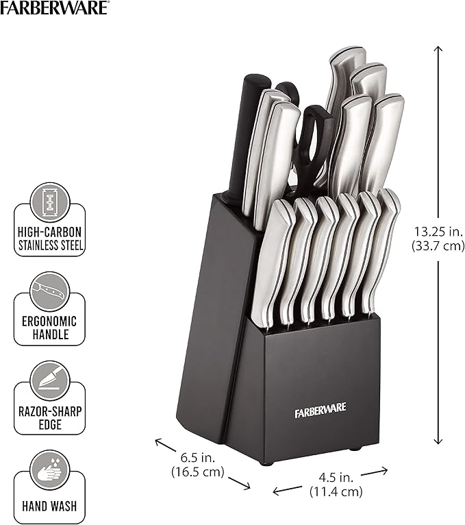 FARBERWARE 15-Piece Kitchen Knife Set with High-Carbon Stainless Steel Blades, Black Handles, Steak Knives, Wood Block, Razor Sharp and Ergonomic