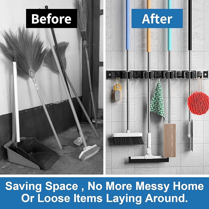 Mop and Broom Holder Wall Mount Metal Heavy Duty Utility Hooks Broom Organizer Garage Storage Systems Tool Racks for Home Laundry Garden Kitchen Organization (Black, 1 Pack 4R5H)
