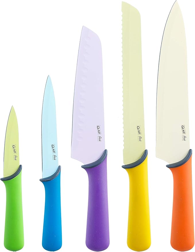 GLAD Knife Set for Kitchen – Stainless Steel Chef Knives with Sheaths | Sharp Colored Blades with Non-Slip Handles | Assorted Nonstick Cooking Essentials for Home