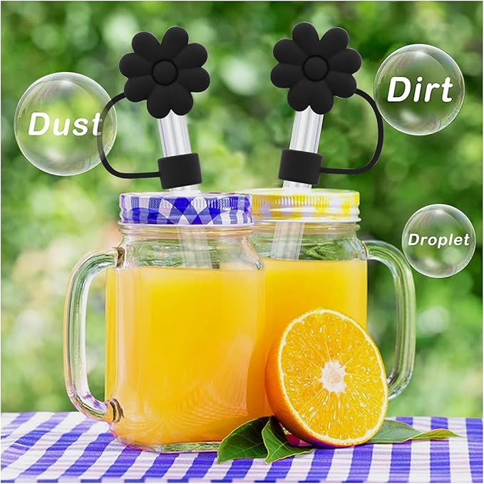 Flower Straw Cover Cap for Stanley Cup Silicone Straw Topper Compatible with 30&40 Oz Tumbler, 4pcs Black Flower