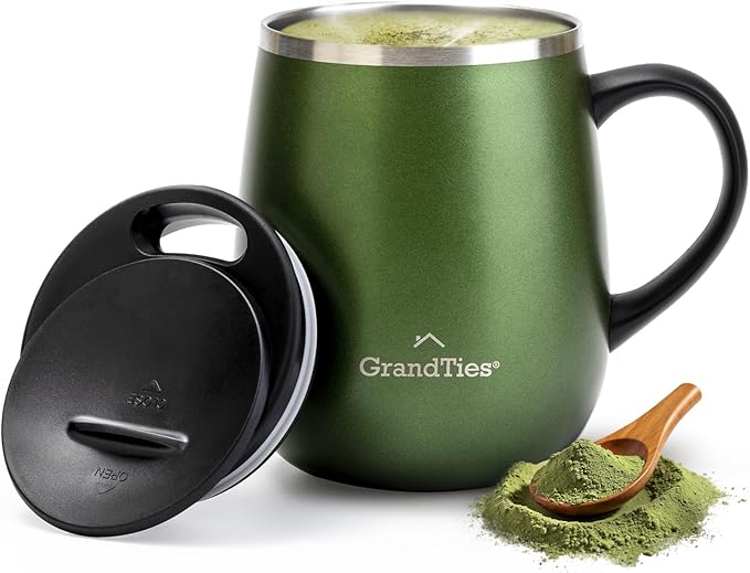 GRANDTIES Insulated Coffee Mug with Handle - Sliding Lid for Splash-Proof 16oz Wine-Glass Shape Thermal Tumbler with Double Walled Vacuum Stainless Steel to Keeps Beverages Hot or Cold-Green Metallic