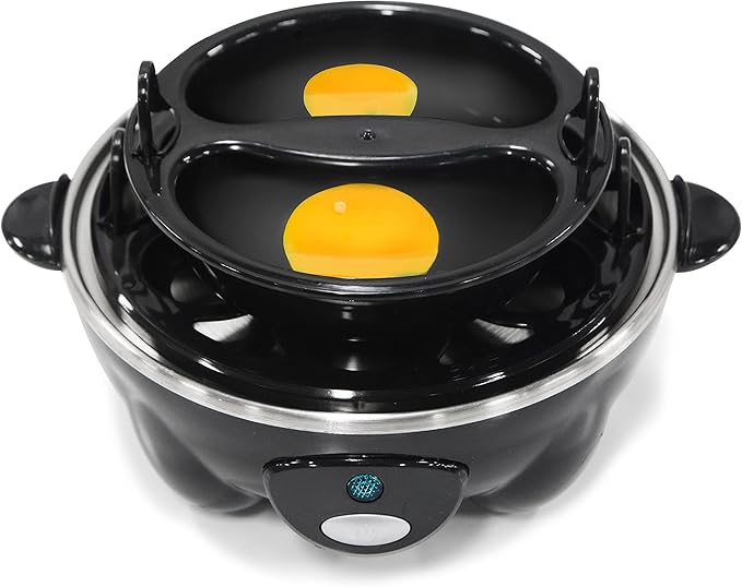 Elite Gourmet EGC-007B# Rapid Egg Cooker, 7 Easy-To-Peel, Hard, Medium, Soft Boiled Eggs, Poacher, Omelet Maker, Auto Shut-Off, Alarm, 16-Recipe Booklet, Black