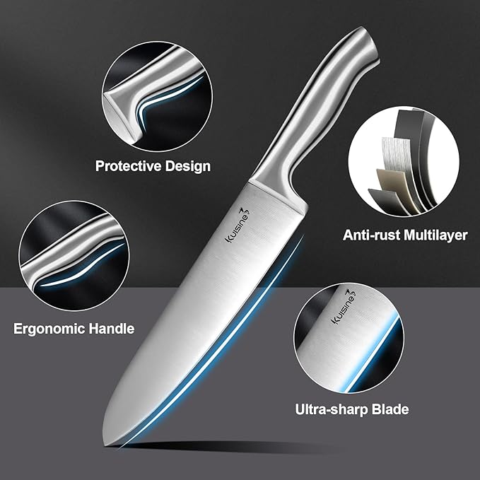 Kuisine Sharp Knife Set,One-piece Molding,Sharper Blade Ergonomic Non-slip Steel Handle,Block Knife Set Chef Knife Set with Built-in Sharpener(Black,15PCS)