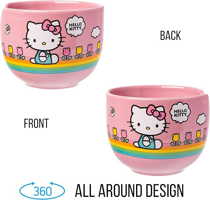 Silver Buffalo Hello Kitty Spring and Summer Flowers Rainbow Stripes Ceramic Ramen Noodle Rice Bowl with Chopsticks, Microwave Safe, 20 Ounces