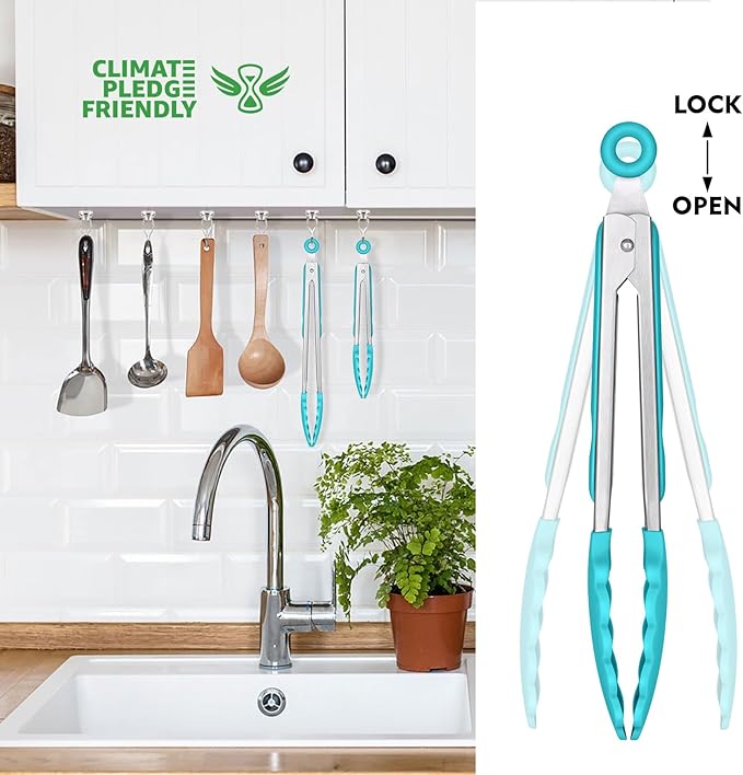 HOTEC Premium Stainless Steel Locking Kitchen Tongs with Silicon Tips, Set of 2-9" and 12", Blue