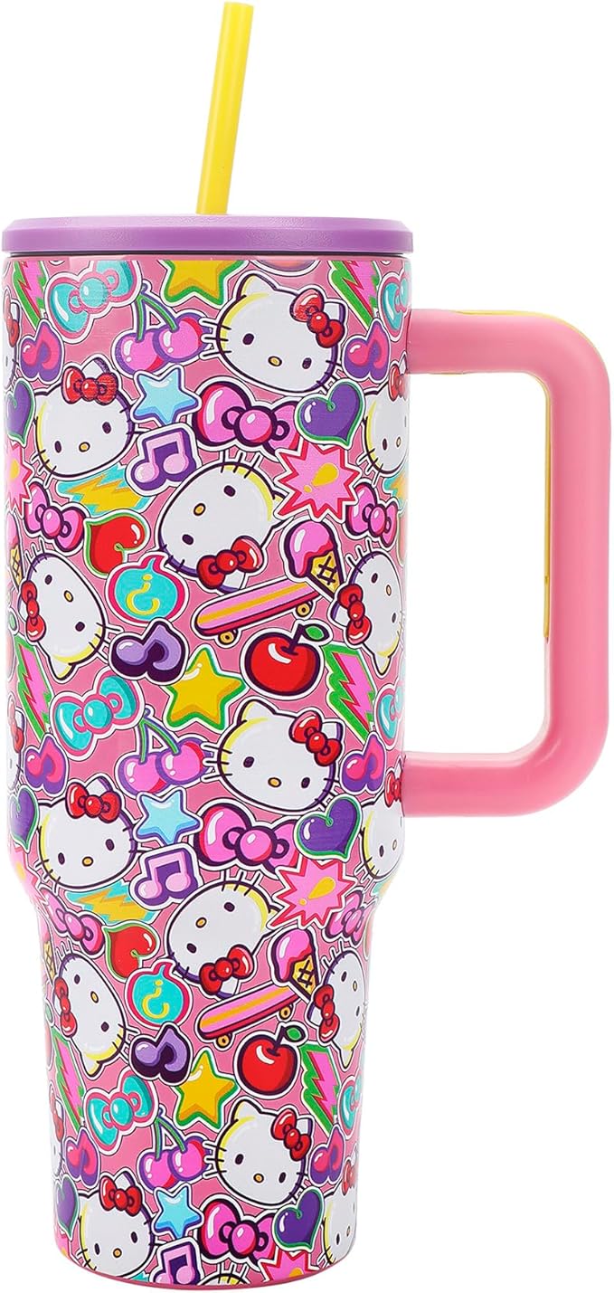 Bioworld Hello Kitty All-Over Print 40 Oz Stainless Steel Tumbler With Chunky Handle