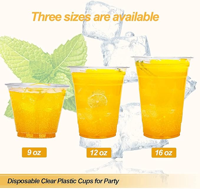 TashiBox Plastic Cups with Flat Lids 100 Sets 16 oz, Clear Crystal drink cups with lids