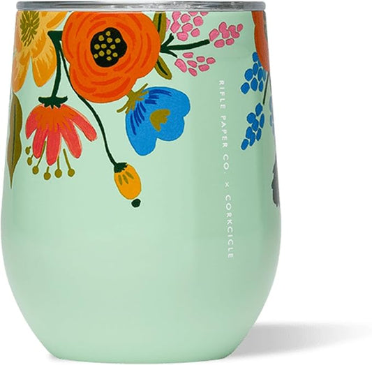 Corkcicle Stemless Insulated Wine Glass Tumbler - Keeps Beverages Cold 6 Hrs Hot 3 Hrs - Stainless Steel - Easy-Grip - Gift for Mom - Great for Mother's Day or Christmas - 12 oz - Mint Lively Floral