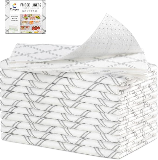 Cooyes 12pcs 12" x 24" Refrigerator Liners, Premium Absorbent Fridge Bin Liners Non-Slip Washable, Refrigerator Drawer Liners and Mats for Glass Shelves, Kitchen Cabinets, Non-Adhesive