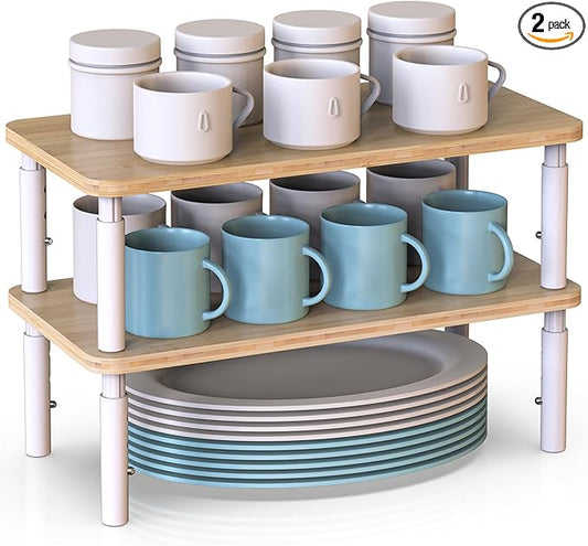 Cabinet Organizer Shelf, Spice Rack Set of 2 Kitchen Pantry Cupboard Shelves, Stackable, Height Adjustable, Natural Bamboo (15.6" Wx77.Dx6.57 H per Pack)