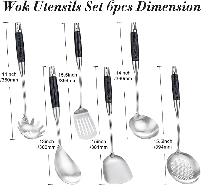 FJNATINH Stainless Steel Kitchen Utensils, Set of 6 Cooking Tools with Wooden Handle, Wok Spatula, Soup Ladle, Skimmer Spoon, Slotted Spatula Turner, Spaghetti Server, Solid Spoon