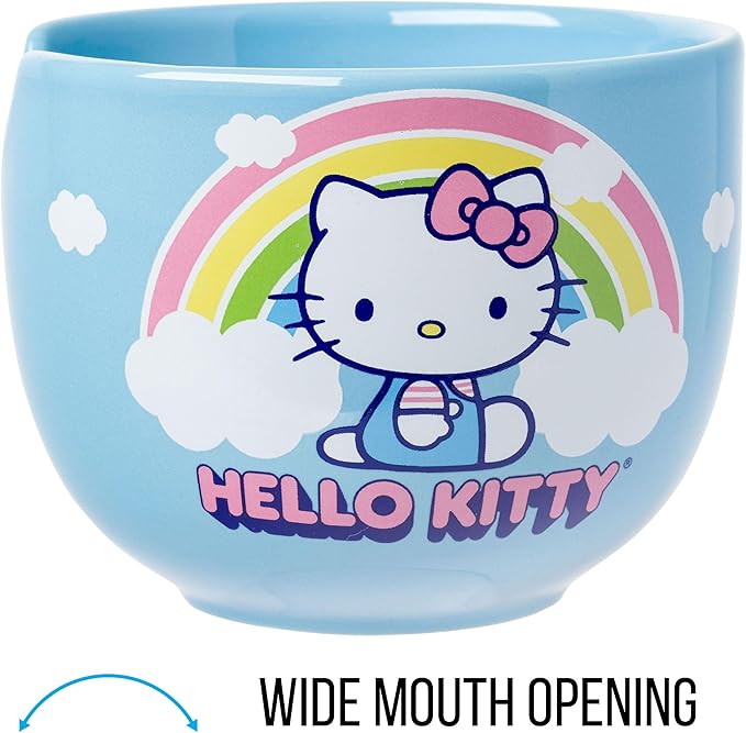 Silver Buffalo Hello Kitty Rainbow and Clouds Ceramic Ramen Noodle Rice Bowl with Chopsticks, Microwave Safe, 20 Ounces