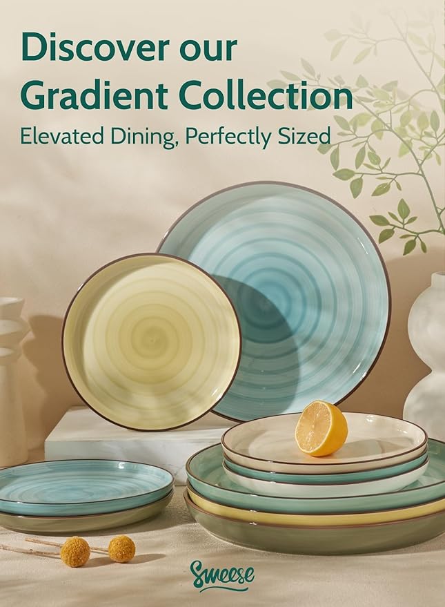 Sweese 7.4 Inch Porcelain Dessert Plates, Round Salad/Appetizer Plate Set, Microwave Dishwasher Safe, Green, 6-Pack