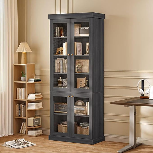 70.8" Bookshelf with Glass Doors, Farmhouse Modular Bookcase with 6-Tier Adjustable Shelves, Large Storage Cabinet for Living Room & Home Office, Black
