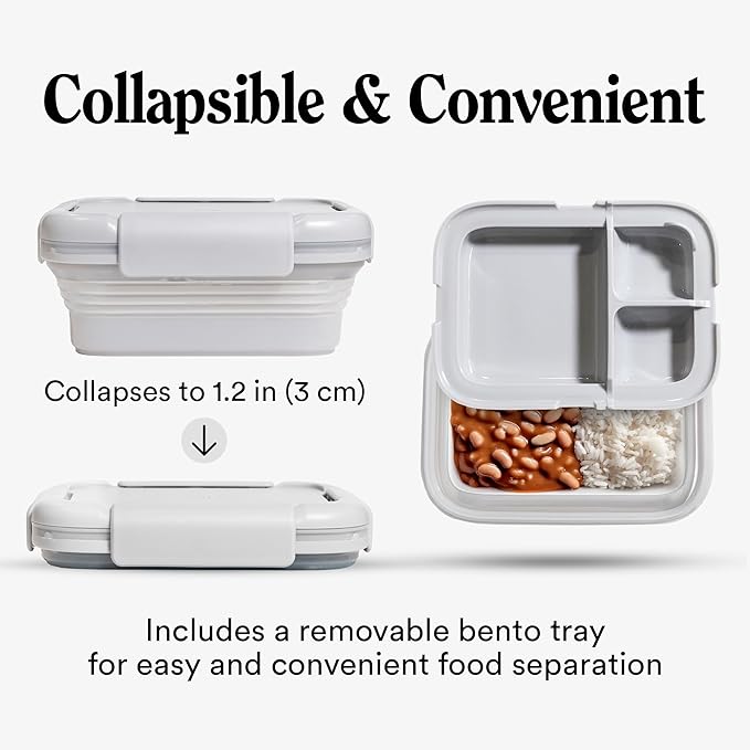 STOJO Collapsible Bento Box, Reusable, Leak-Proof, Microwave & Dishwasher Safe, Premium Lunch Container with Divider – Space-Saving, Transparent Design (Cashmere, 2.75-Cup/650mL)
