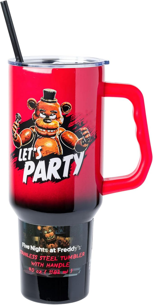 Silver Buffalo Five Nights At Freddy's “Let's Party” Stainless Steel Tumbler with Handle Featuring Freddy Fazbear, Fits in Standard Cup Holder, 40 Ounces