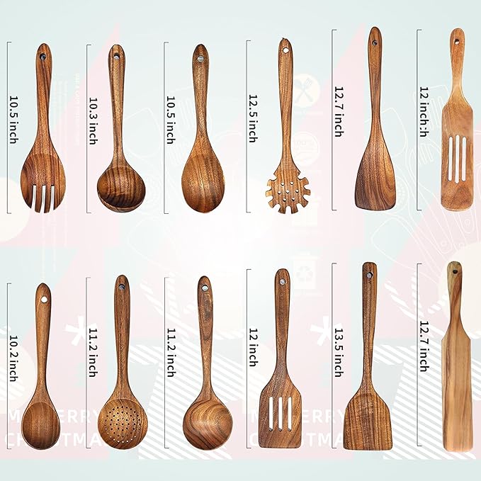 Christmas Teak Wooden Kitchen Utensil Set,12 Pcs Natural Wooden Spoons for Cooking with Red & Green Christmas Gift Packaging, Non-Stick Friendly(12 PCS Xmas Gift)