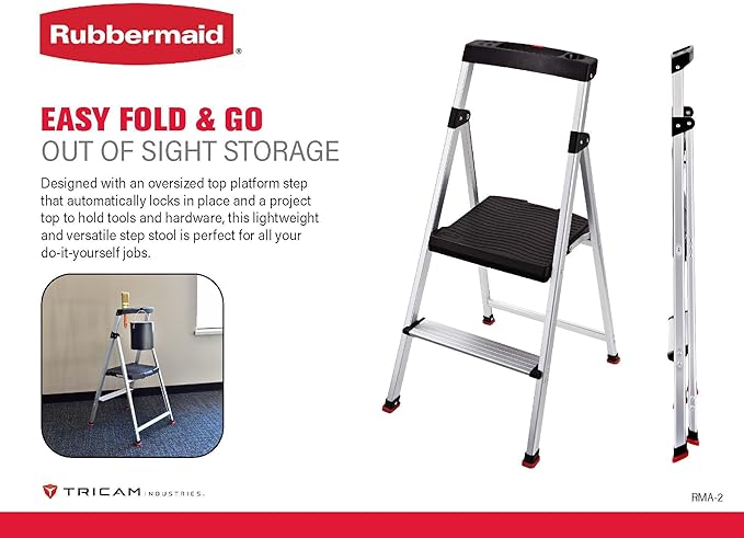 Rubbermaid 2-Step Ladder, Aluminum Lightweight Folding Step Stool with Project Top, Silver, Tested to US Safety Standards, No Assembly Required