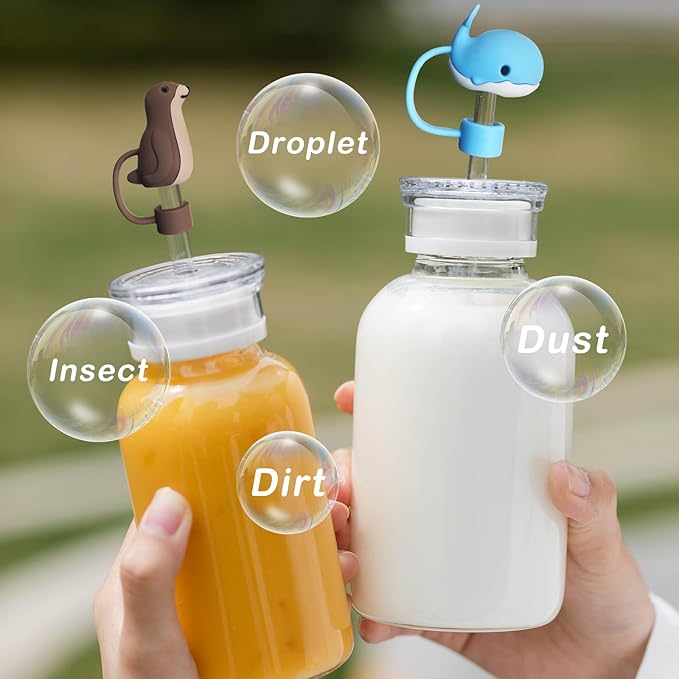 6PCS Cute Animal Silicone Straw Cover Cap for Stanley 30&40 Oz Tumbler with Handle, Reusable, Lightweight, Dust-Proof, 10mm Straw Tips, Color 5