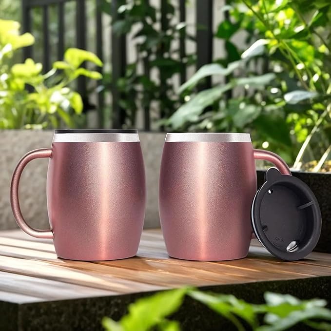 Stainless Steel Insulated Coffee Mugs Set of 2 (14 oz) – Double Wall Coffee Cups with Spill-Resistant Lid and Strong Handle, Shatterproof Cups for Cold Drinks & Hot Beverages - Rose Gold