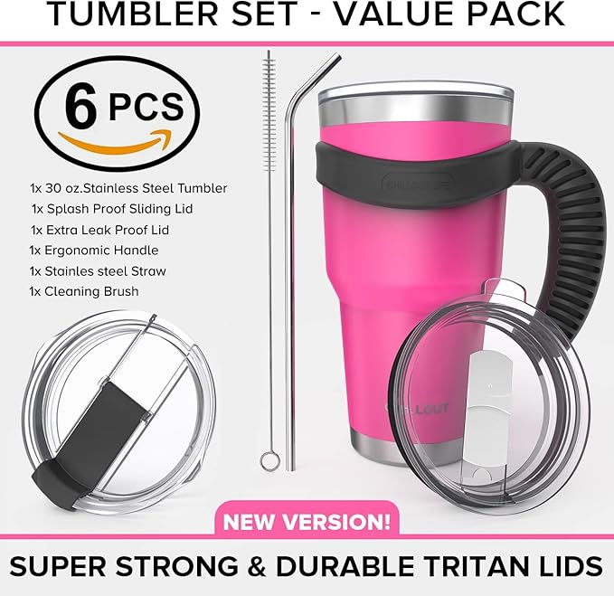 Stainless Steel Travel Mug with Handle 30 oz - 6 Piece Set. Tumbler with Handle, Straw, Cleaning Brush & 2 Lids. Double Wall Insulated Large Coffee Mug Bundle - Hot Pink Powder Coat Tumbler
