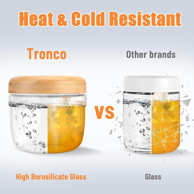 Tronco 24 oz Glass Container with Bamboo Lids, Food Storage Bowls for Soup, Stew & Overnight Oats, Meal Prep, Glass Lunch Bowl Container 100% Leak & Spill Proof, Airtight, BPA-Free- Ideal Gifts