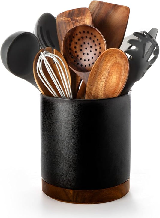 Nucookery 360°Rotating Utensil Holder, 7.2" Kitchen Utensil Crock, Ceramic Cooking Utensil Organizer with Countertop-Protection Cork Bottom for Farmhouse Kitchen Decor Christmas (Stone Black)