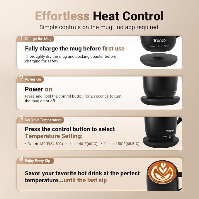 Tronco Temperature Control Heated Coffee Mug 14 oz – Rechargeable Self-Heating - Image 3
