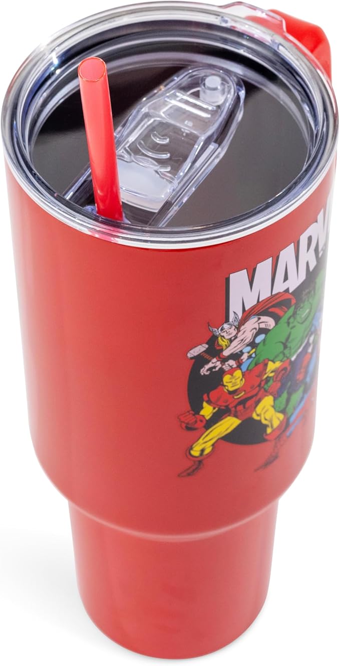 Silver Buffalo Marvel Avengers Stainless Steel Tumbler with Handle and Straw Featuring Captain America, Thor, Hulk, Iron Man, Black Widow, and Spiderman, Fits in Standard Cup Holder, 40 Ounces
