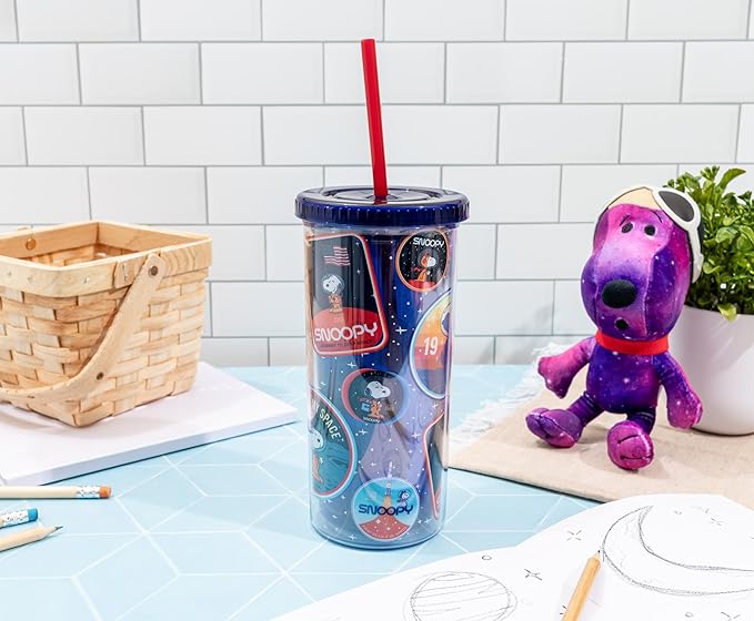 Silver Buffalo Peanuts Space Traveling Patches Featuing Snoopy Plastic Tall Cold Cup with Lid and Straw, 20 Ounces