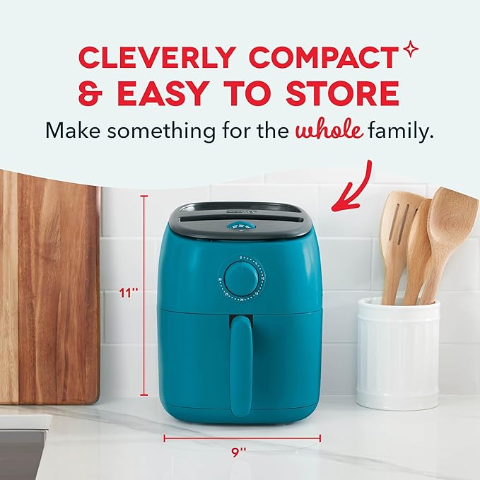 DASH Tasti-Crisp™ Electric Air Fryer Oven, 2.6 Qt., Teal – Compact Air Fryer for Healthier Food in Minutes, Ideal for Small Spaces - Auto Shut Off, Analog, 1000-Watt
