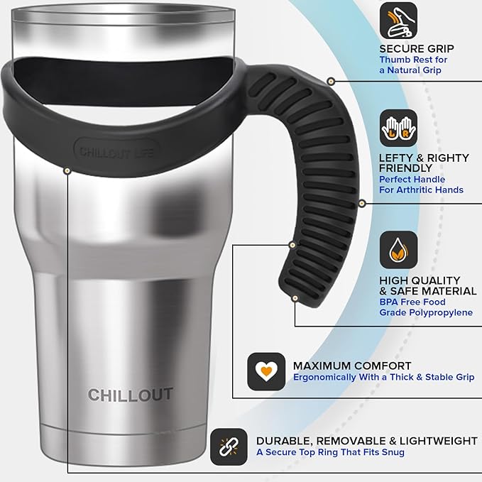 CHILLOUT LIFE Stainless Steel Travel Mug with Handle 30 oz – 6 Piece Set. Tumbler with Handle, Straw, Cleaning Brush & 2 Lids. Double Wall Insulated Large Coffee Mug Bundle (Blue Sparkle)