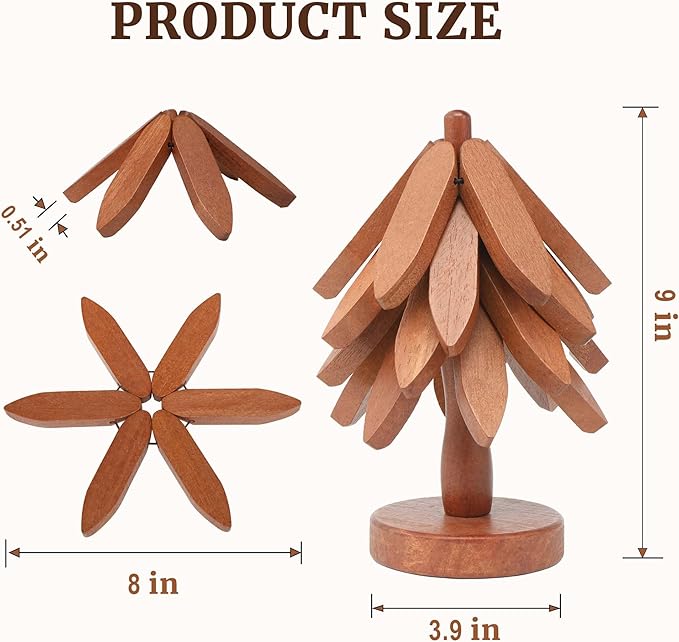 Tree Shape Wooden Trivets for Hot Dishes，4 Wooden Trivets + 1 Stand stored Like a Christmas Tree，for Easy Storage，Multifunctional Ornaments (Beech)