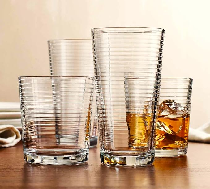Glaver's Drinking Glasses Set of 12. Everyday Drinking Glasses. Mixed Drinkware Sets 6-17 oz Tall Kitchen Glass Cups, and 6-13 Oz Rocks Glasses. Ribbed Glassware Sets for Cocktail Beer Juice Water.