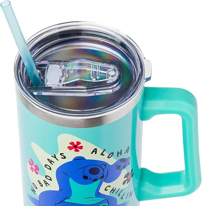 Silver Buffalo Disney Lilo and Stitch Aloha No Bad Days Chillin’ Stainless Steel Tumbler with Handle and Straw, Fits in Standard Cup Holder, 40 Ounces