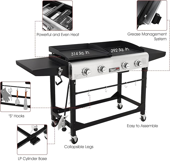 Royal Gourmet GD401C 4-Burner Propane Gas Grill and Griddle Combo with Cover, Griddle Grill Combo with 48,000 BTUs Output for Outdoor Cooking While Camping or Tailgating, Black & Silver