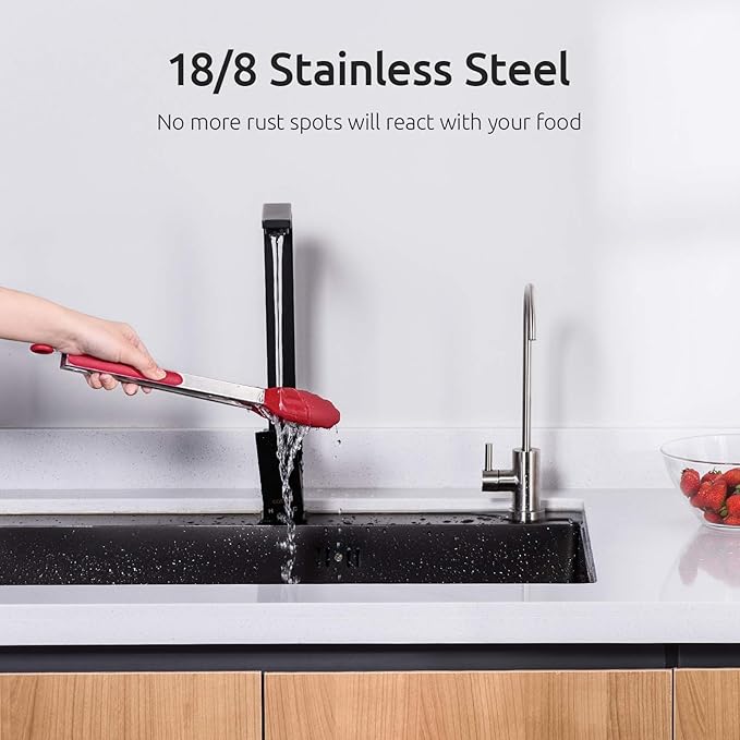 U-Taste Kitchen Tongs, 7/9/12 inches Cooking Tongs, with 600ºF High Heat-Resistant Non-Stick Silicone Tips, 18/8 Stainless Steel Handle, for Food Grill, Salad, BBQ, Frying, Serving, Pack of 3(Red)