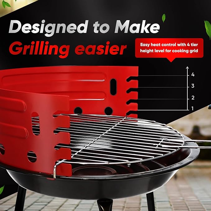 Gas One 16-inch Portable Barbecue Grill with 4 Levels for Flame Control – Dual Venting System – Small Charcoal Grill for Backyard, Camping, Boat