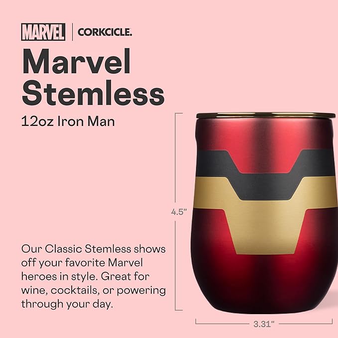 Corkcicle Stemless Insulated Wine Glass Tumbler - Keeps Beverages Cold 6 Hours & Hot 3 Hours - Stainless Steel - Easy-Grip - Summer Drinkware Gift - Keeps Drinks Ice Cold - 12 oz - Iron Man
