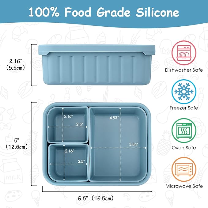 Bento Lunch Box for Kids-Reusable Silicone Kids Bento Box Lunch Container Leakproof Lunchbox Meal Prep Food Storage Containers with 3 Removable Compartments–Dishwasher Safe/BPA Free/Portion Control