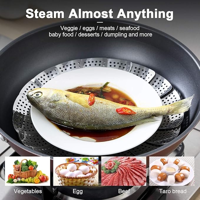 Stainless Steel Steamer Basket, Vegetable Steamer Basket for Instant Pot, Insert for Veggie/Seafood Cooking/Boiled Eggs with Safety Tool - Adjustable Sizes to fit Various Pots (5.1" to 9.5")