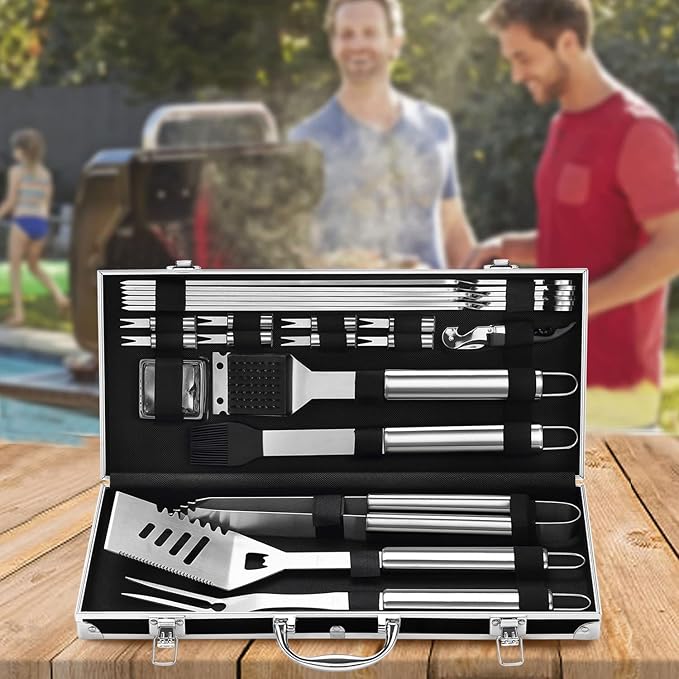 Grilljoy BBQ Accessories Grill Tools Set - 22PCS Stainless Steel Barbecue Grill Accessories for Outdoor Grill with Black Aluminum Case - Christmas Grilling Gifts for Men & Dad -Grill Tools Kit