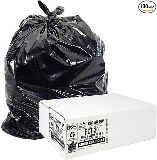Aluf Plastics RCT-30 Star Sealed Coreless Rolls with E-Z Tie Flap Closure, 30 gal, Polyethylene, 30" x 36", Black (Pack of 100)