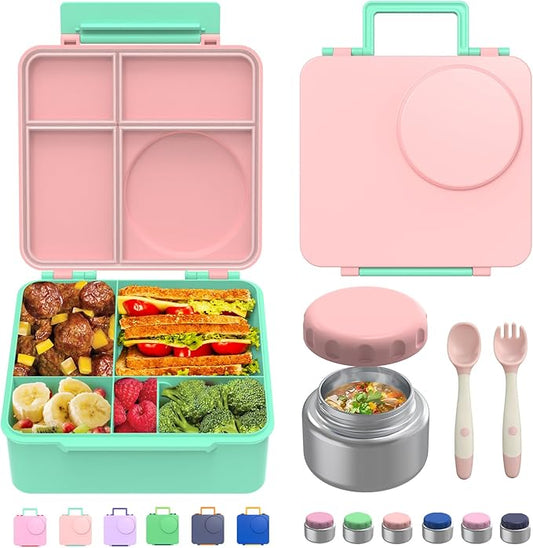 Bento Box for Kids - Leak-Proof Bento Lunch Box with Insulated Thermos Food Jar - 4 Compartments, 1 Removable Divider, 1Spoon, 1 Fork - Dishwasher Safe, BPA-Free (Light pink)