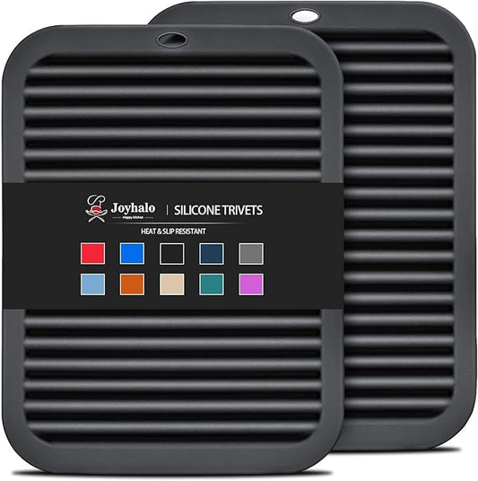 Joyhalo Trivets for Hot Dishes - Hot Pads for Kitchen 9'' x 12'', Silicone Trivets for Hot Pots and Pans, Hot Plates to Protect Table, Quartz Countertops Heat Resistance to 480°F, Set of 2, Black