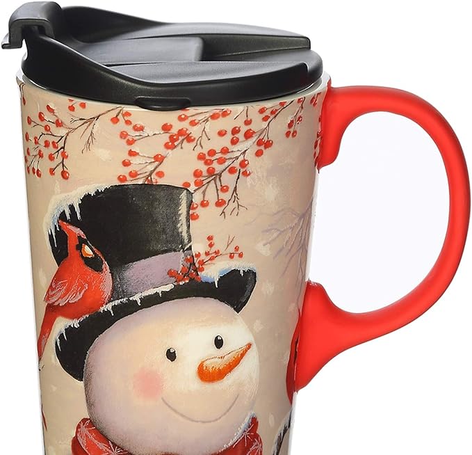 Topadorn Christmas Ceramic Travel Mug Porcelain Coffee Cup with Spill-proof Lid and Gift Box for Holiday,Snowman&Cardinal