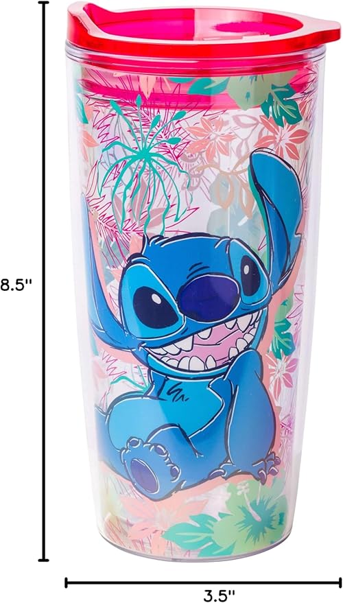 Silver Buffalo Disney Lilo and Stitch Floral Tropical Abstract Red Double Wall Travel Tumbler with Slide Close Lid, 20 Ounces
